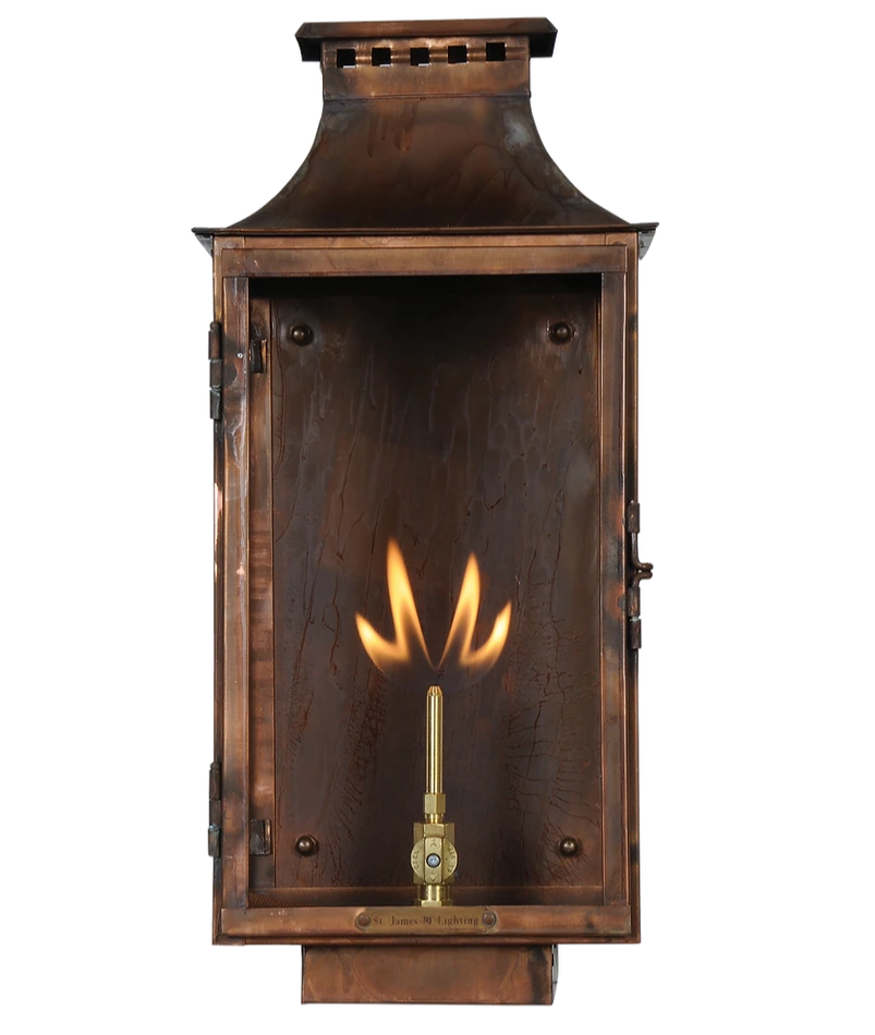 An example of the copper Aspen lantern lit with gas as a power source