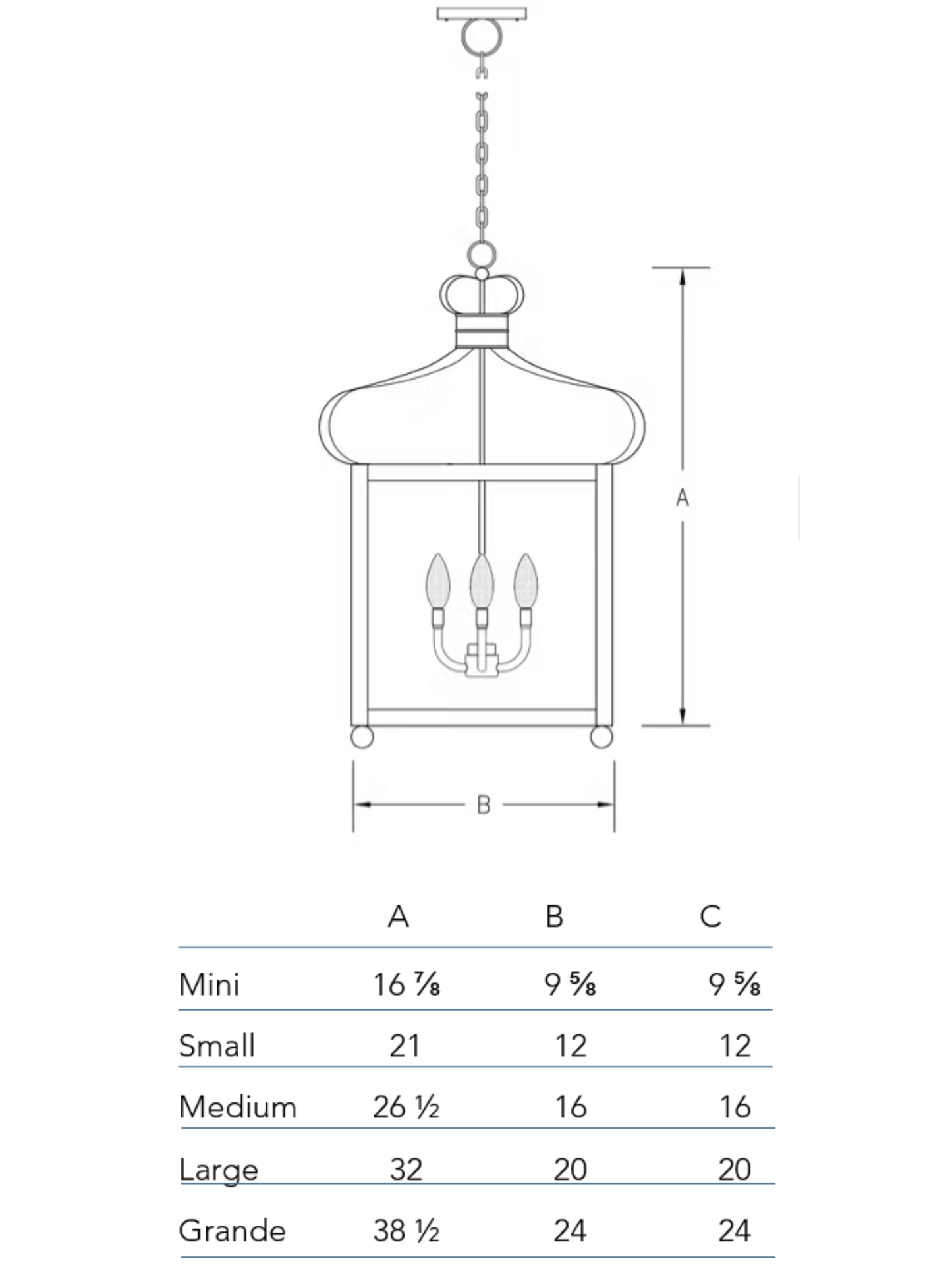 Measurement chart for the Belgian Cage chandelier