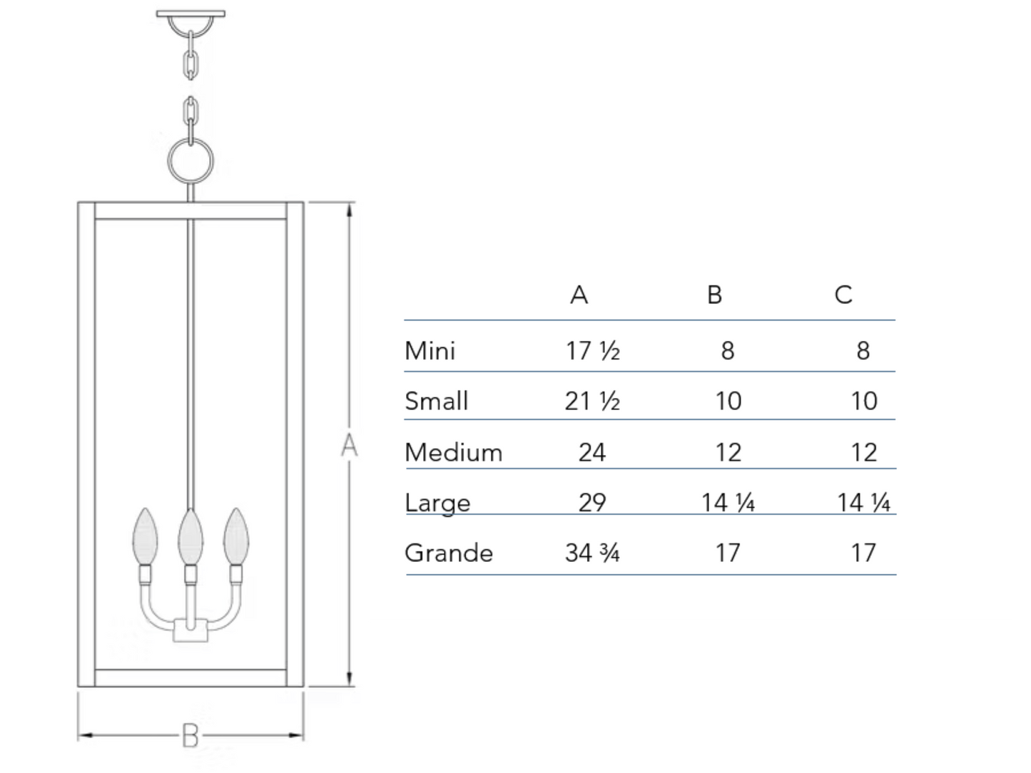 Line Drawing of Camden Copper Chandelier for Indoor and Outdoor with candelabra.