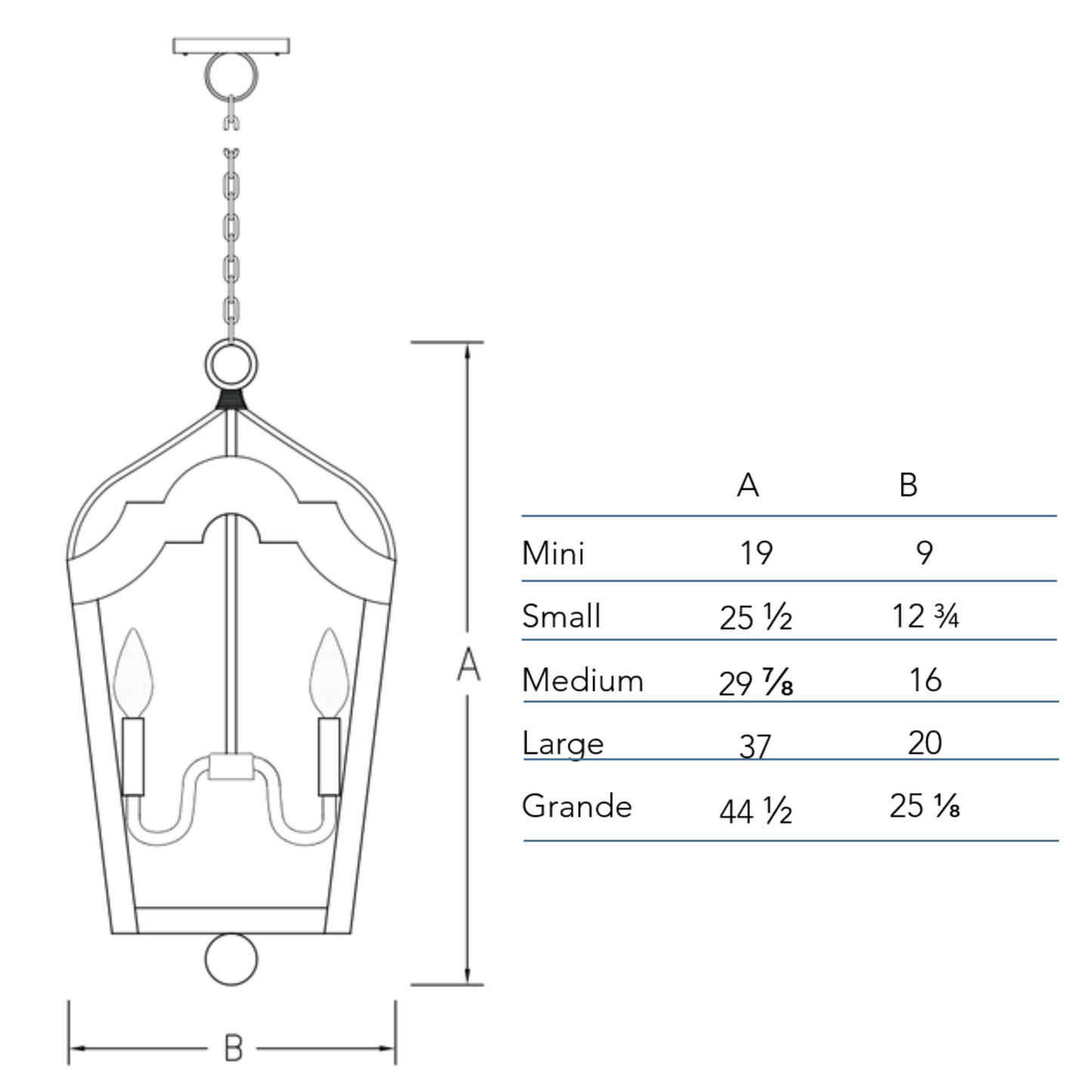 Measurements chart for the Cozumel chandelier