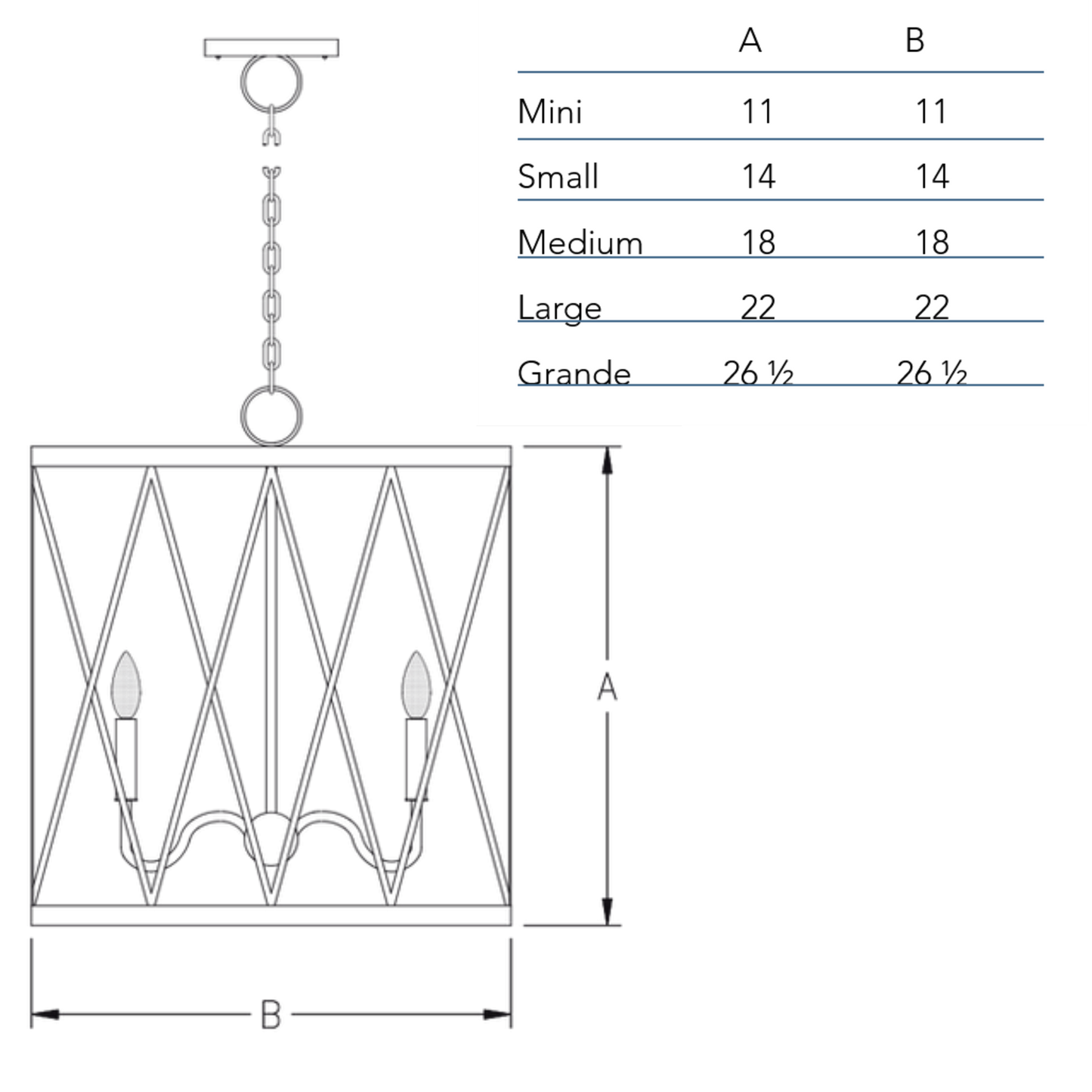 Measurements chart for the Cypruse chandelier