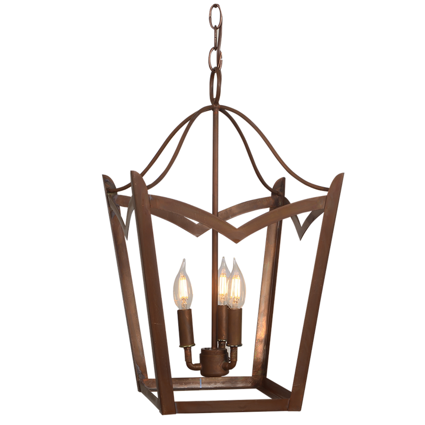 A copper Needham chandelier featured with a triple candelabra option