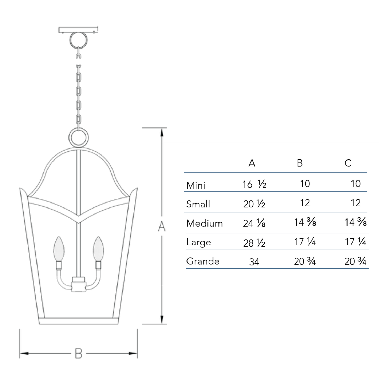 Measurement chart for the Needham chandelier