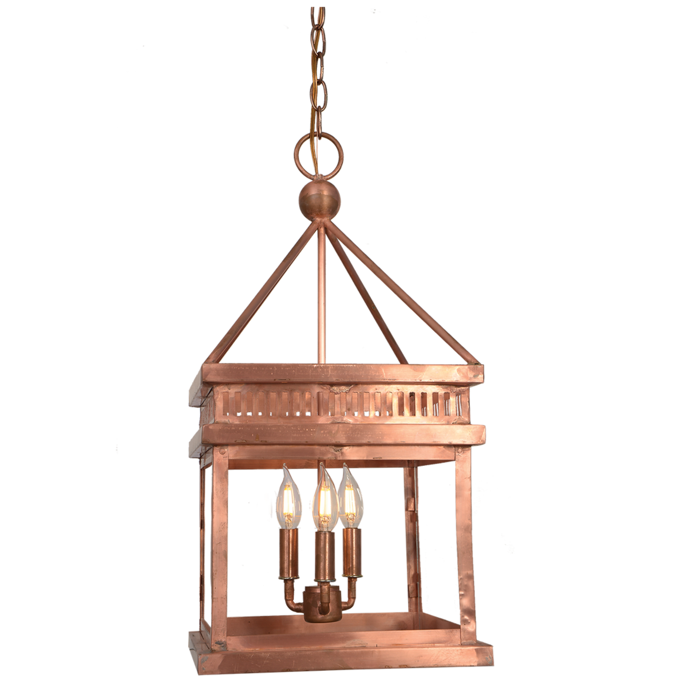 A copper Old Salt Run chandelier hung with a chain featuring a triple candelabra lighting option