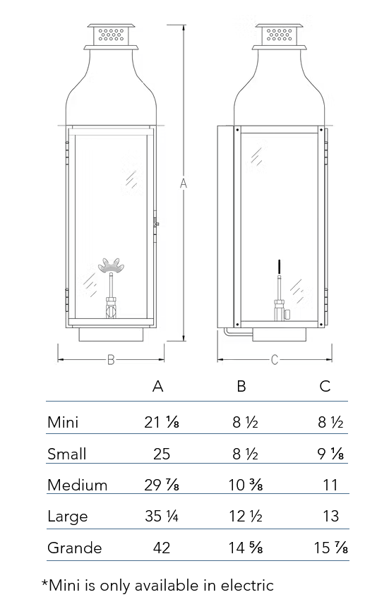 Measurement chart for the Sarasota wall lantern