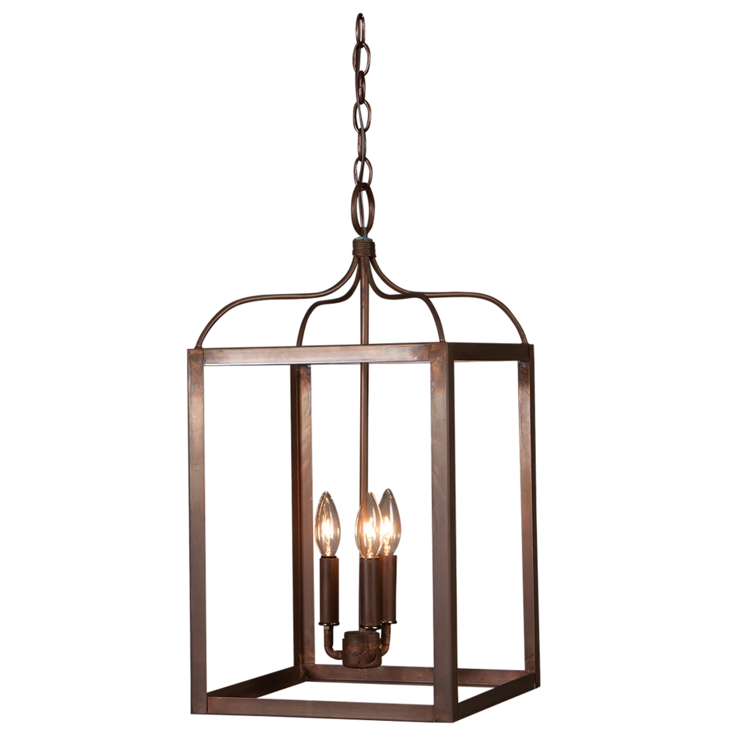 A copper Structure chandelier with a triple candelabra