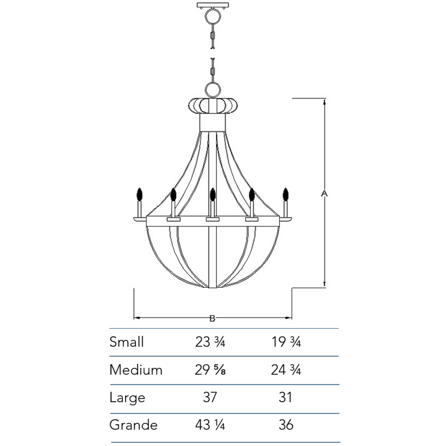 Measurements chart for the Tear Drop chandelier