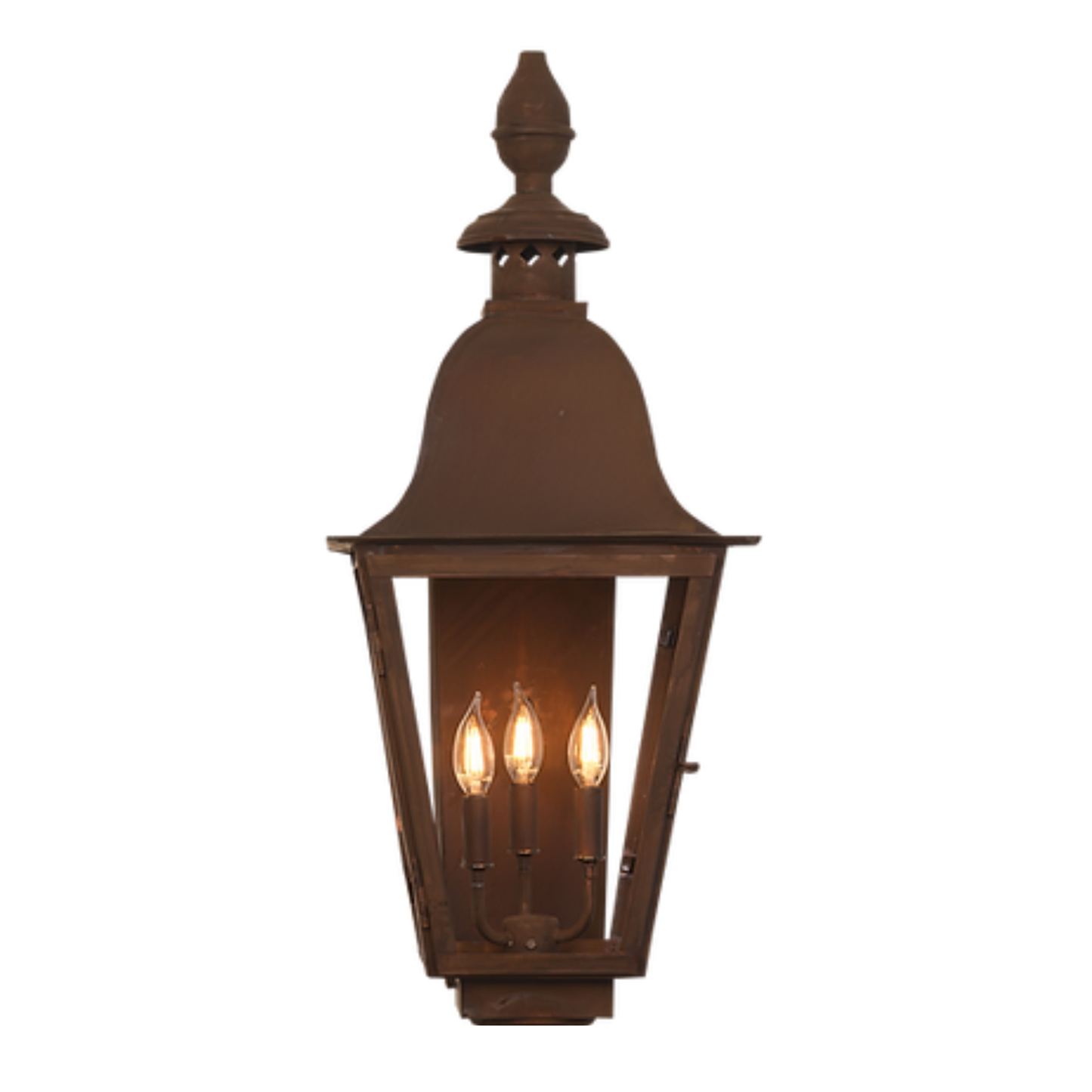 An example of a top football finial option on a copper wall mounted lantern