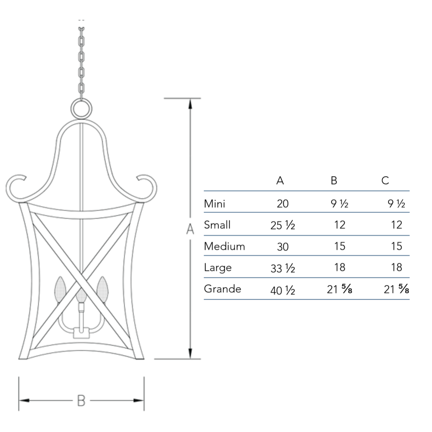 Measurements chart for the Versailles chandelier