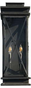Dark finished lantern features window straps