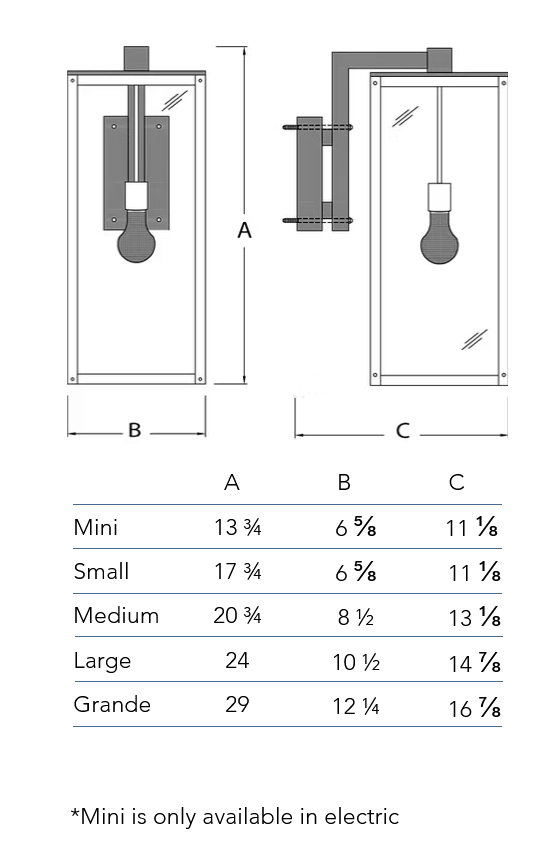 Measurement chart for the Ashley wall lantern