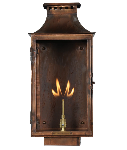 An example of the copper Aspen lantern lit with gas as a power source