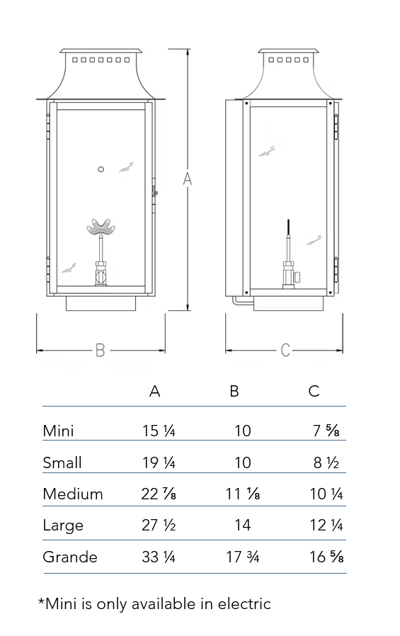 Measurement chart for the Aspen Lantern