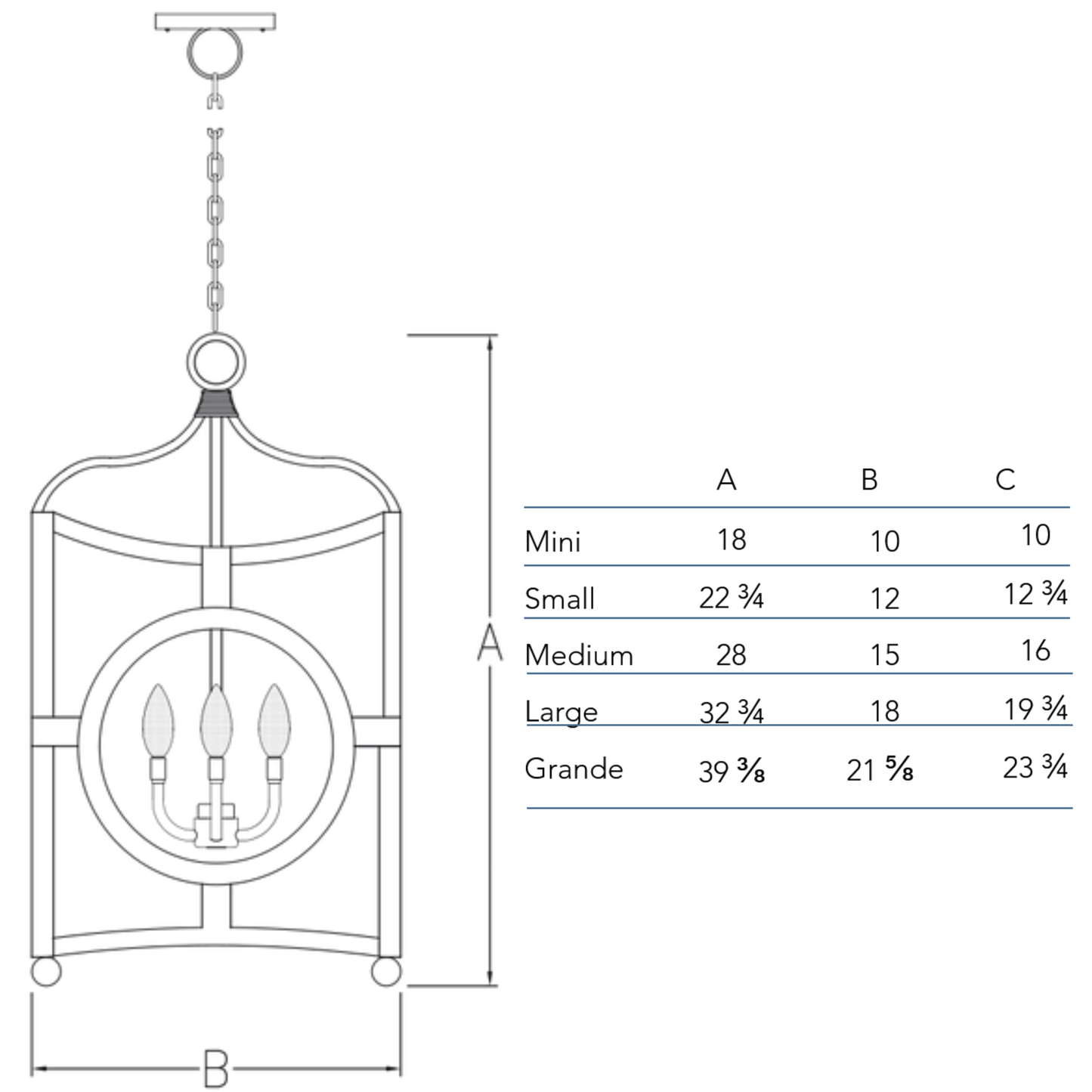 Measurement chart for the Bonsai chandelier