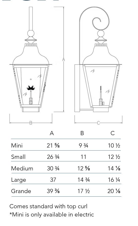 Measurements chart for the Brunswick lantern