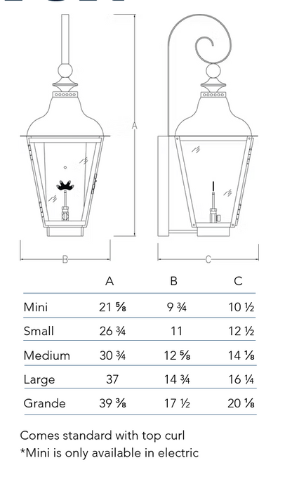 Measurements chart for the Brunswick lantern