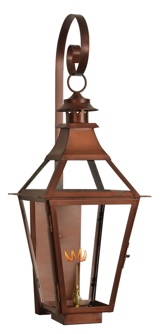 A copper Chesapeake lantern being lit with a gas power feature