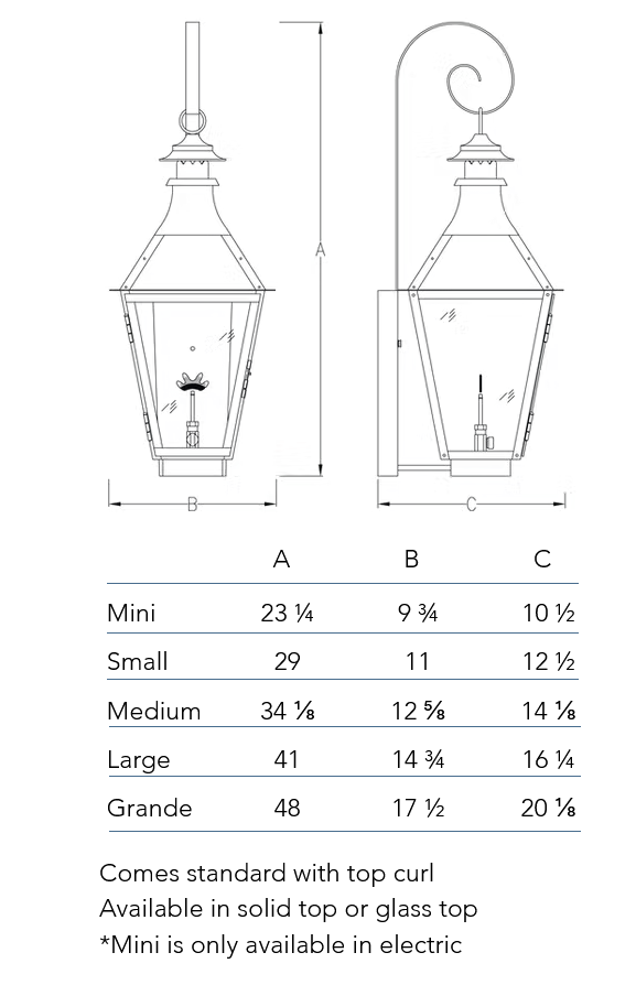 Measurements chart for the Chesapeake lantern