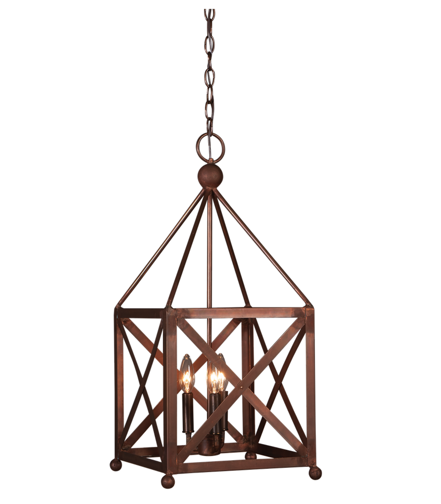 An example of the copper Cortland chandelier with a triple candelabra lighting feature