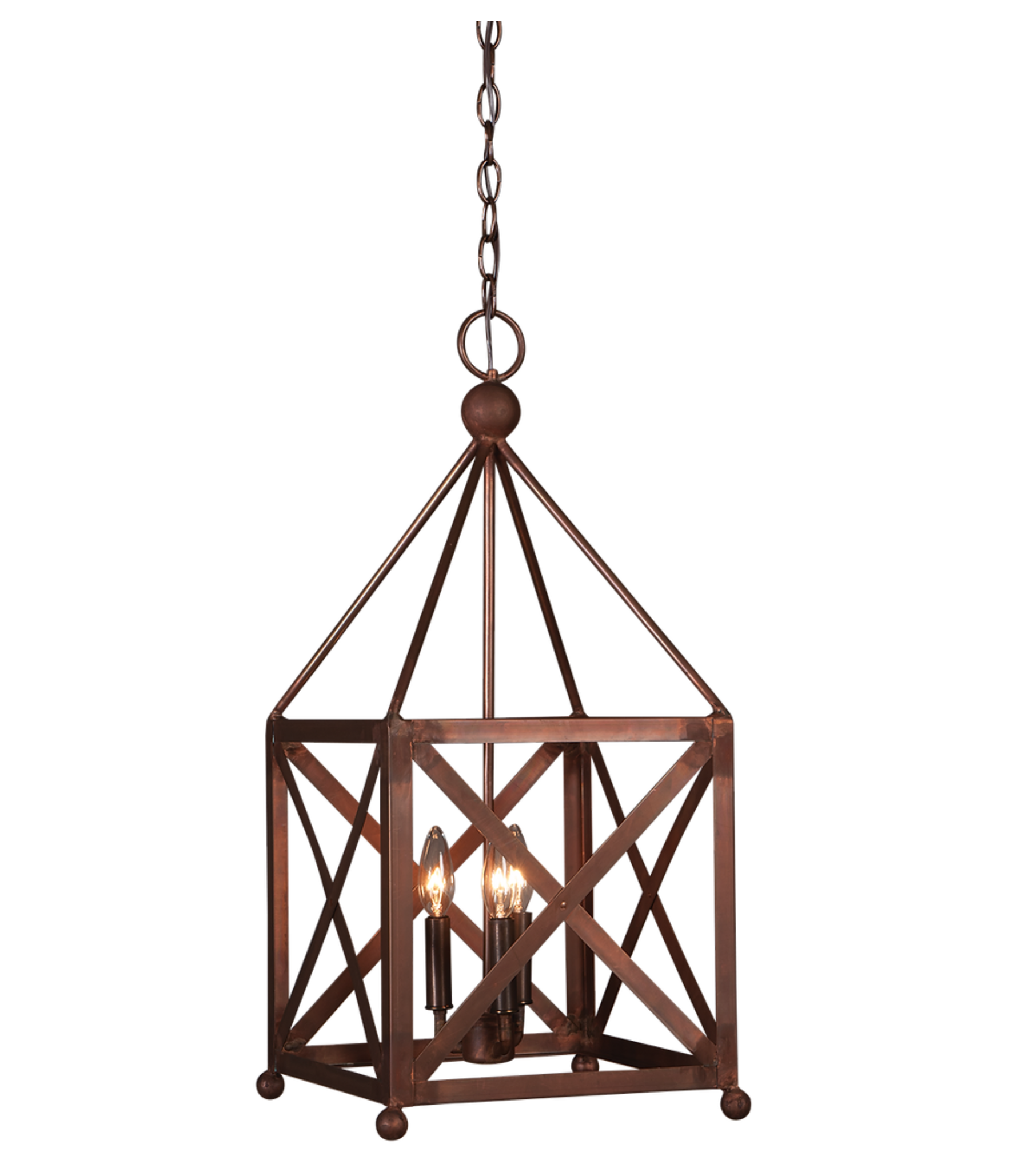 An example of the copper Cortland chandelier with a triple candelabra lighting feature