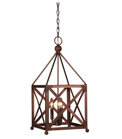 An example of the copper Cortland chandelier with a triple candelabra lighting feature