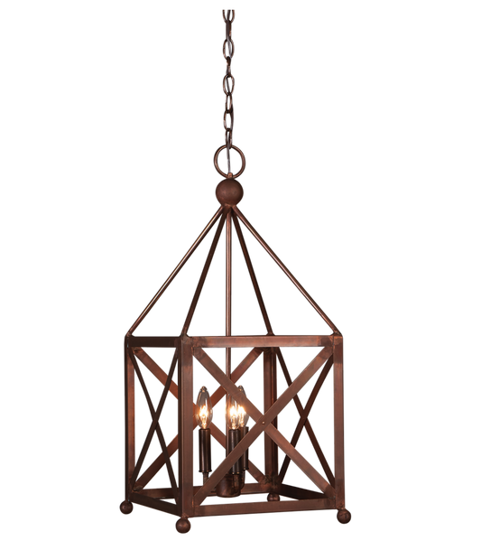 An example of the copper Cortland chandelier with a triple candelabra lighting feature