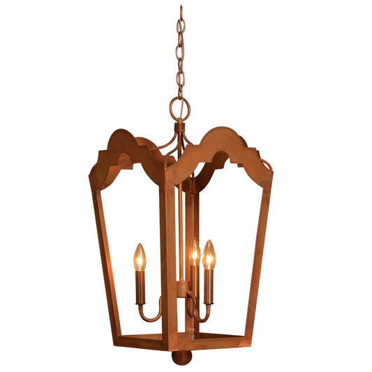 A copper Cozumel chandelier hung with a chain featuring a triple candelabra lighting option