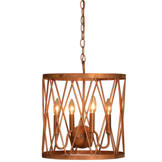 A copper Cypruse chandelier hung with a chain with a quadruple candelabra lighting feature