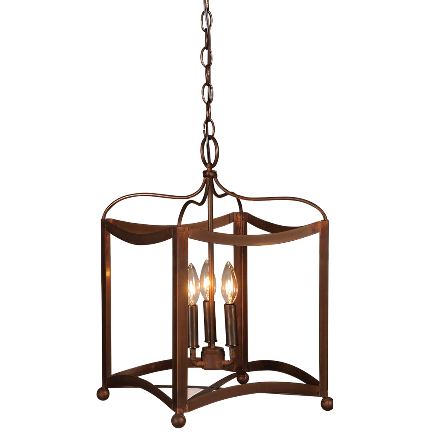 The Dalton chandelier featured with a copper finish and a triple candelabra lighting feature