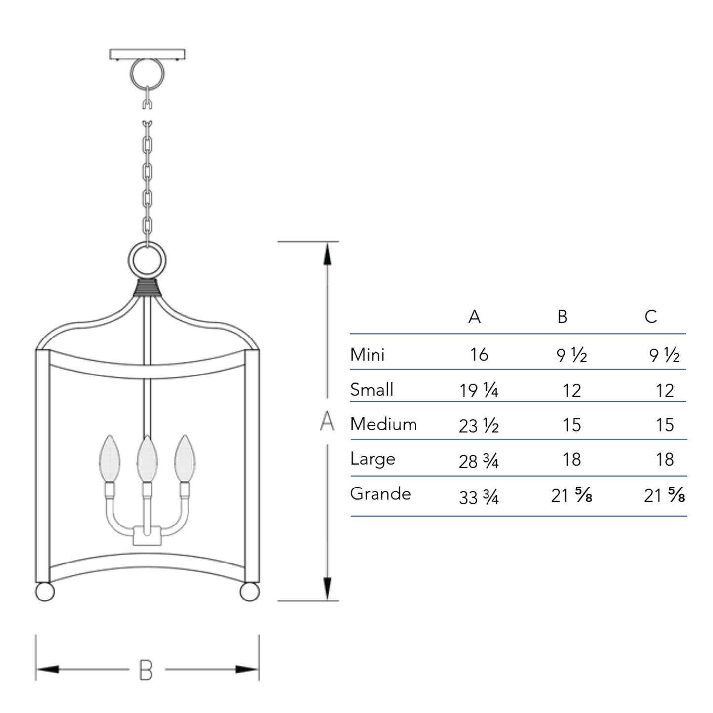 Measurement chart for the Dalton chandelier