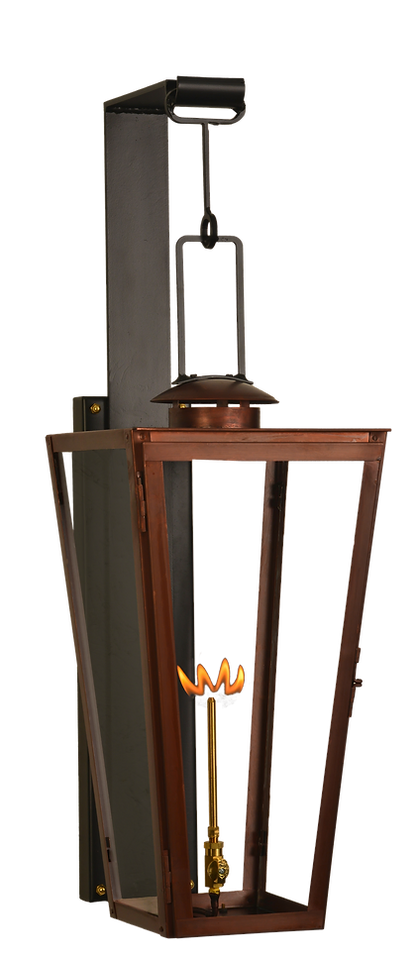 A copper Equestrian lantern is featured with a gas powered lighting option
