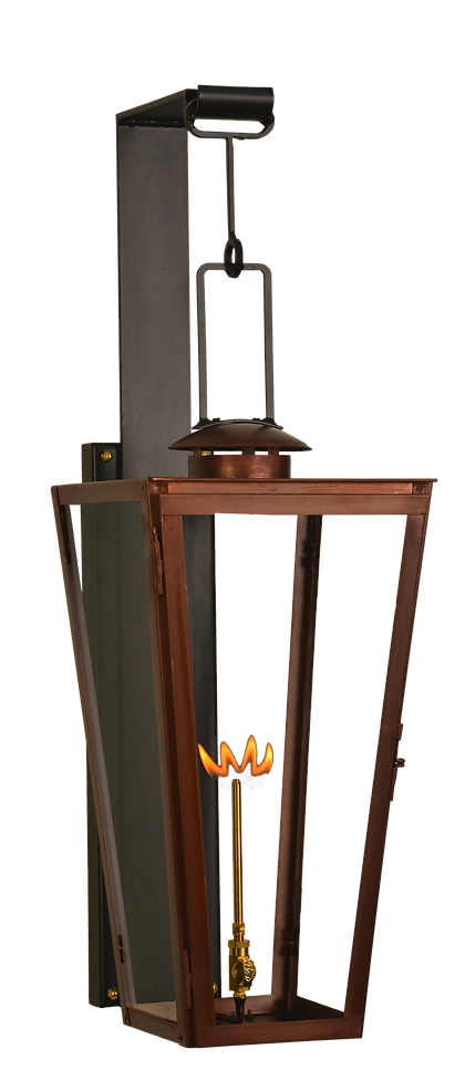 A copper Equestrian lantern is featured with a gas powered lighting option