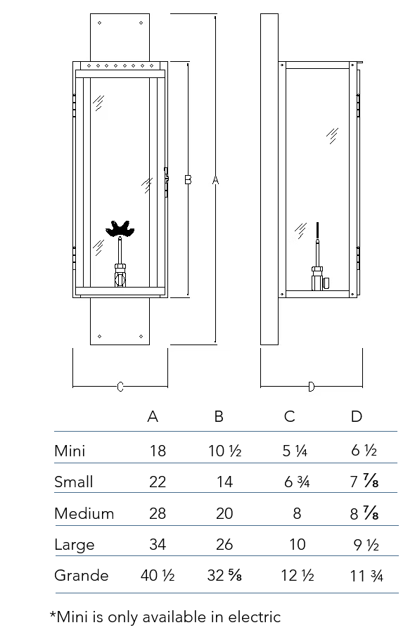 Measurement chart for the Fifth Ave wall lantern