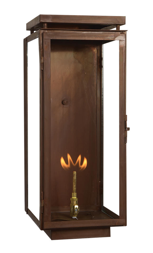 A copper Frisco wall lantern is shown with a gas powered lighting feature