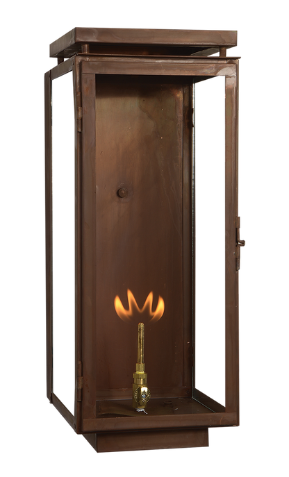 A copper Frisco wall lantern is shown with a gas powered lighting feature