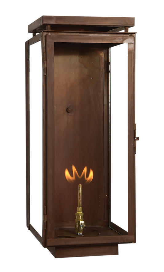 A copper Frisco wall lantern is shown with a gas powered lighting feature