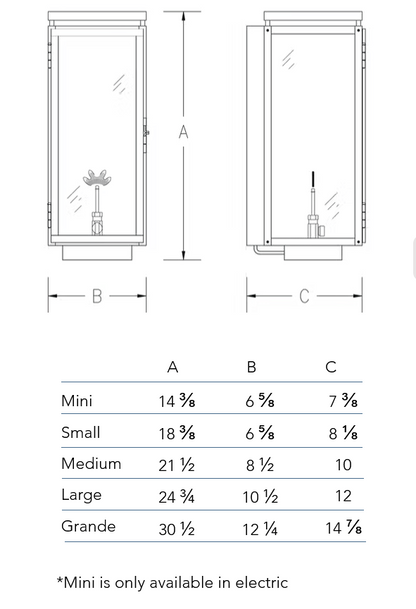 Measurements chart for the Frisco wall lantern