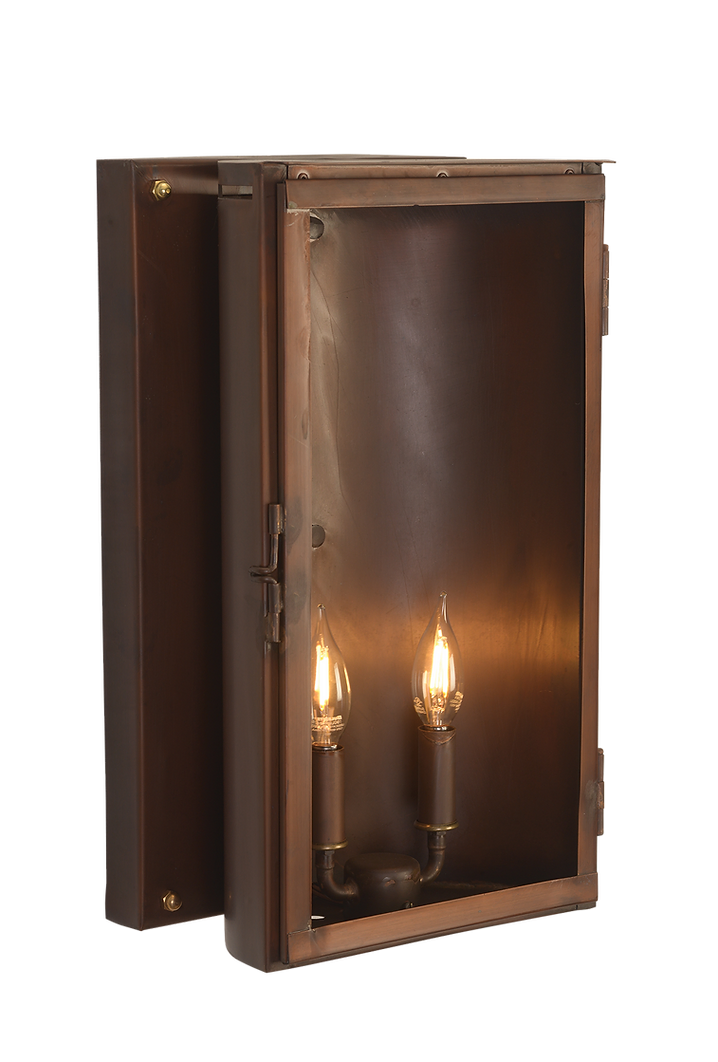 The Gemini wall mount lantern seen with a double candelabra lighting feature