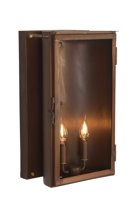 The Gemini wall mount lantern seen with a double candelabra lighting feature