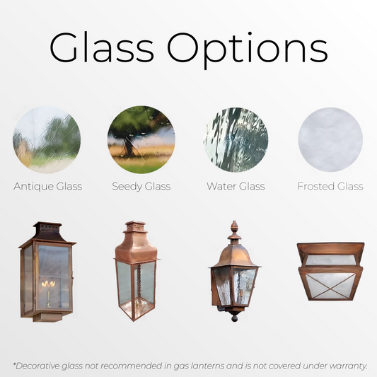 An image with multiple examples of glass options for the lanterns and chandeliers