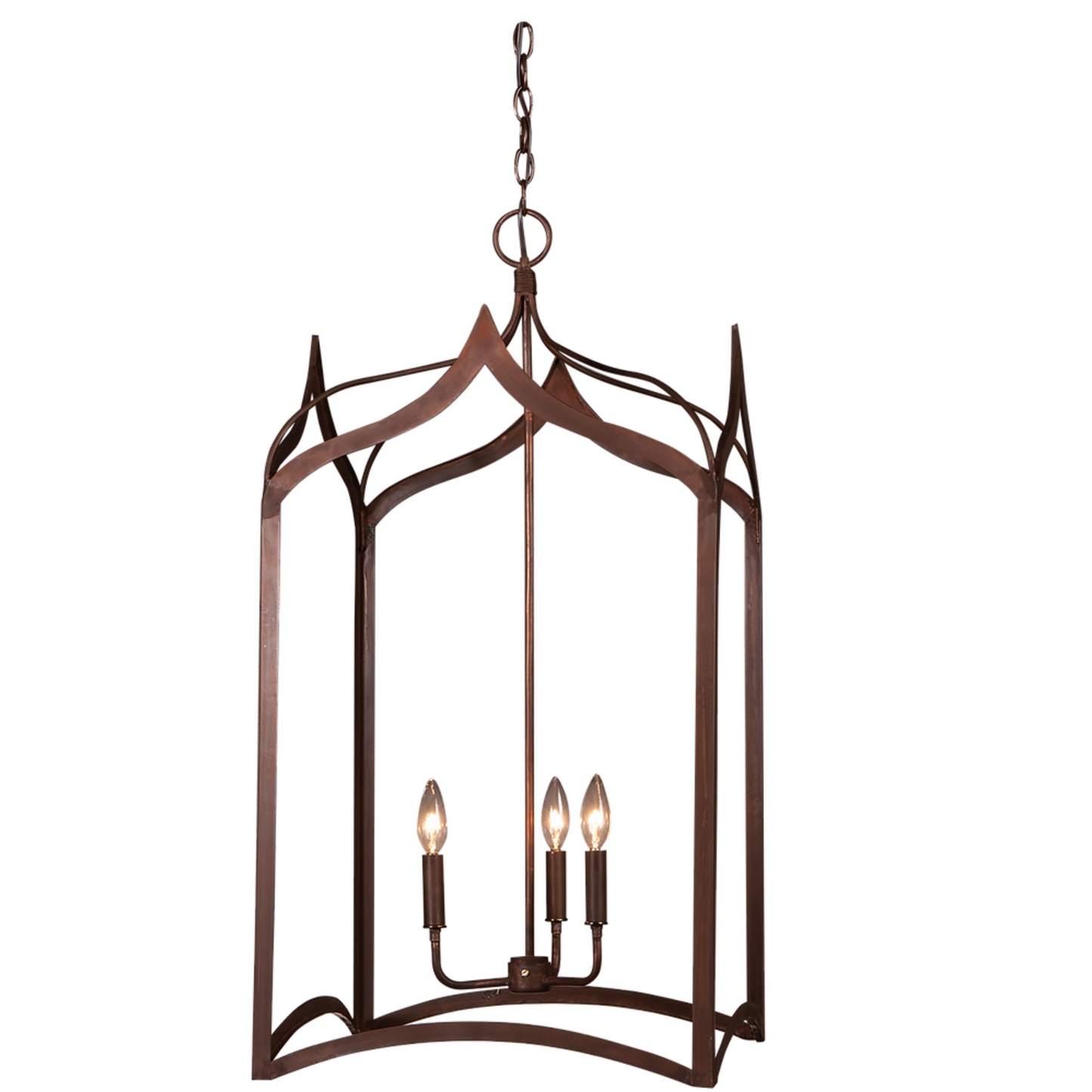 The copper Gothic Cage chandelier with triple candelabra lighting feature