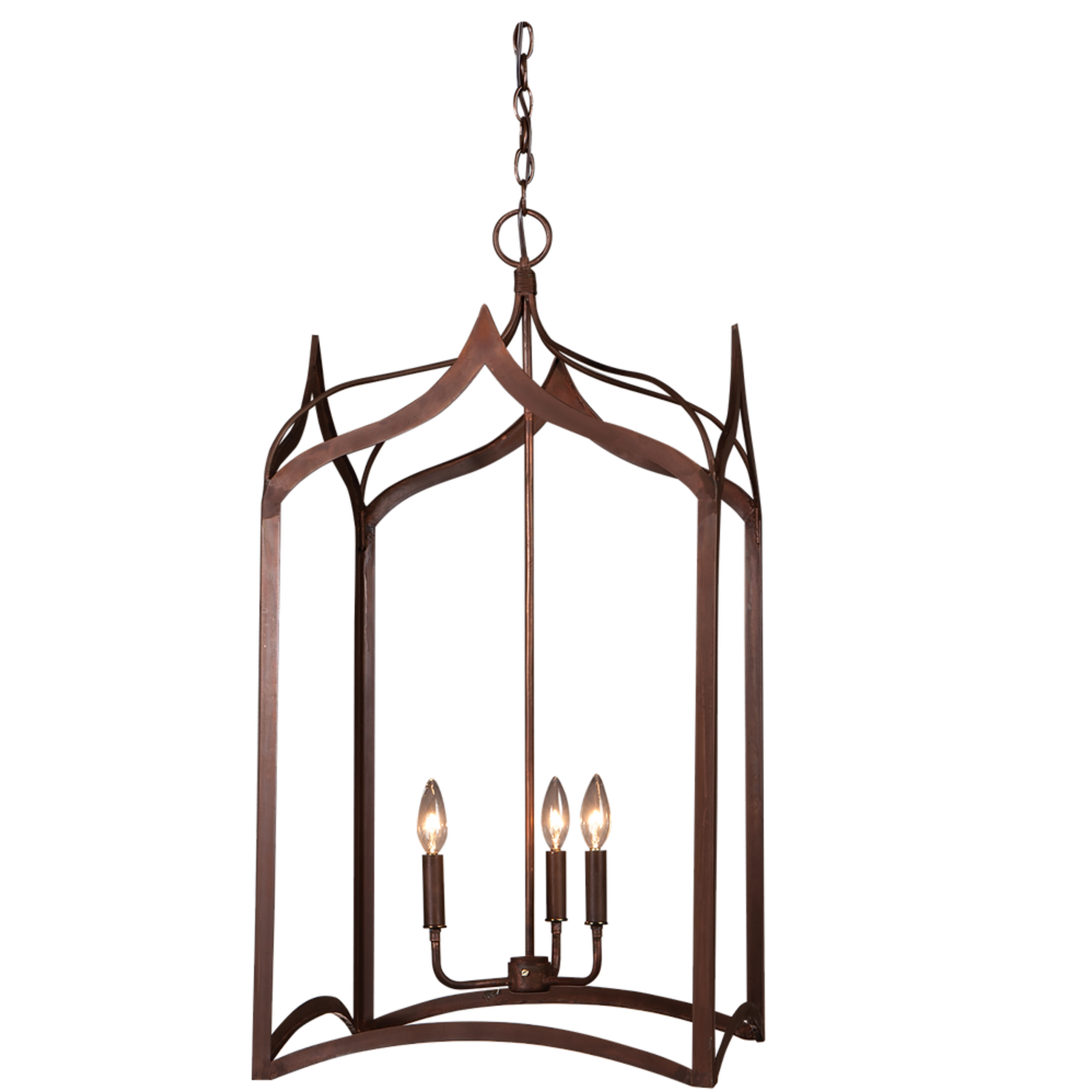 The copper Gothic Cage chandelier with triple candelabra lighting feature