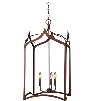 The copper Gothic Cage chandelier with triple candelabra lighting feature