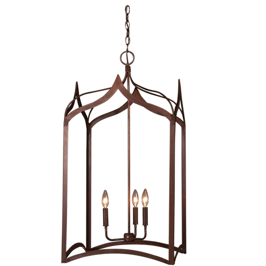The copper Gothic Cage chandelier with triple candelabra lighting feature
