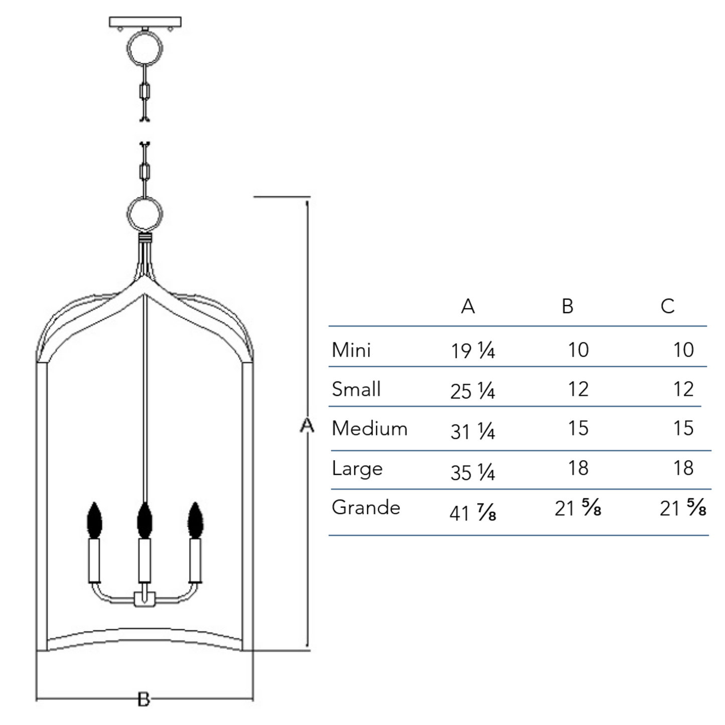 Measurements chart for the Gothic Cage chandelier