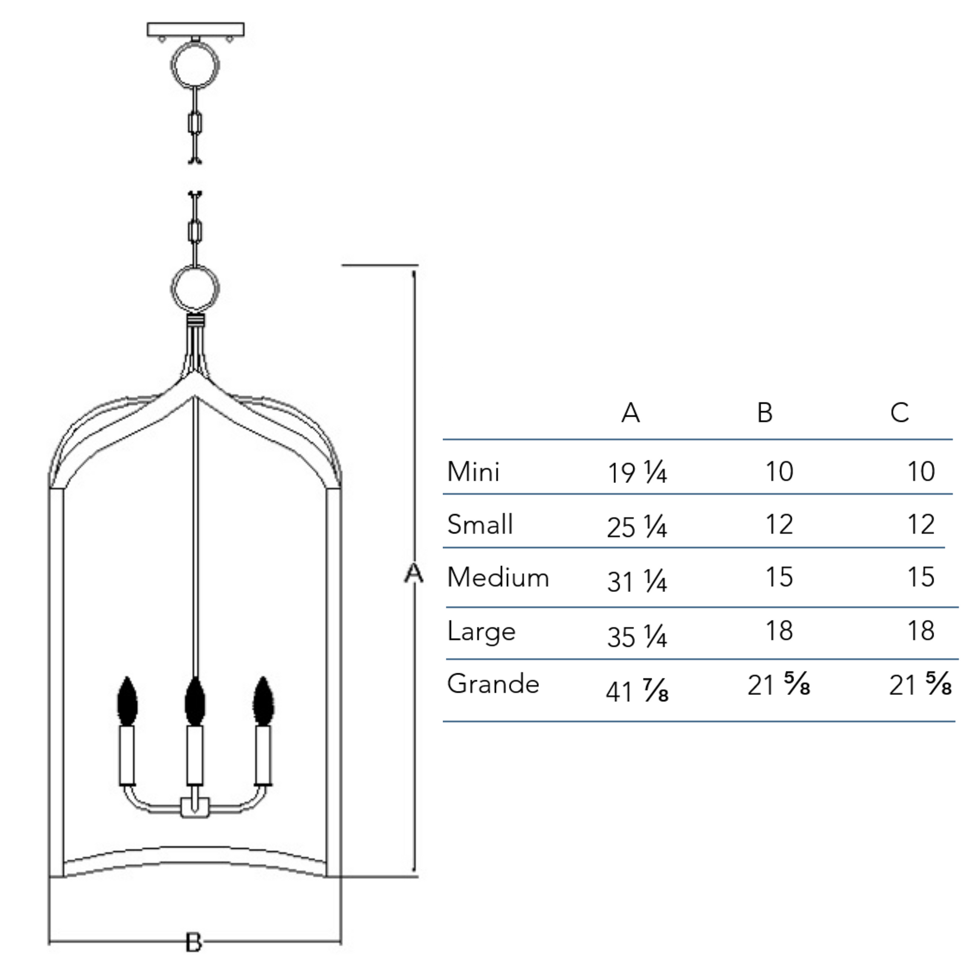 Measurements chart for the Gothic Cage chandelier