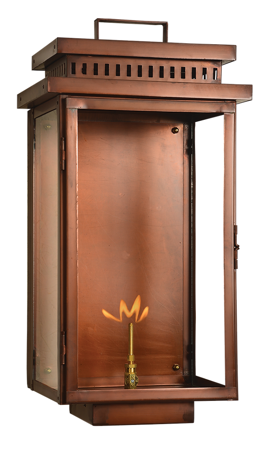 A copper Harper wall lantern with a gas powered lighting feature