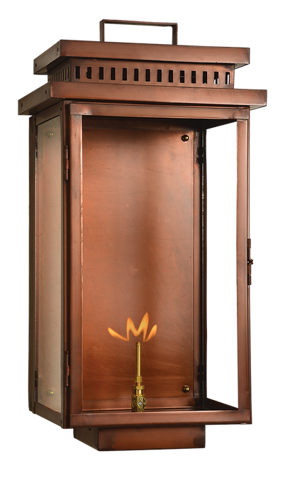 A copper Harper wall lantern with a gas powered lighting feature