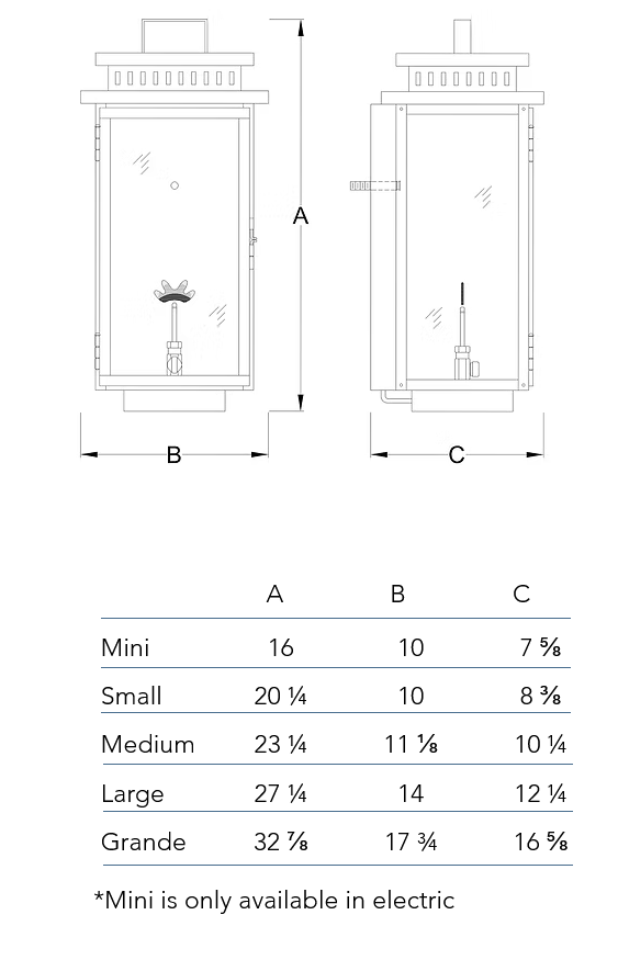 Measurements chart for the Harper wall lantern