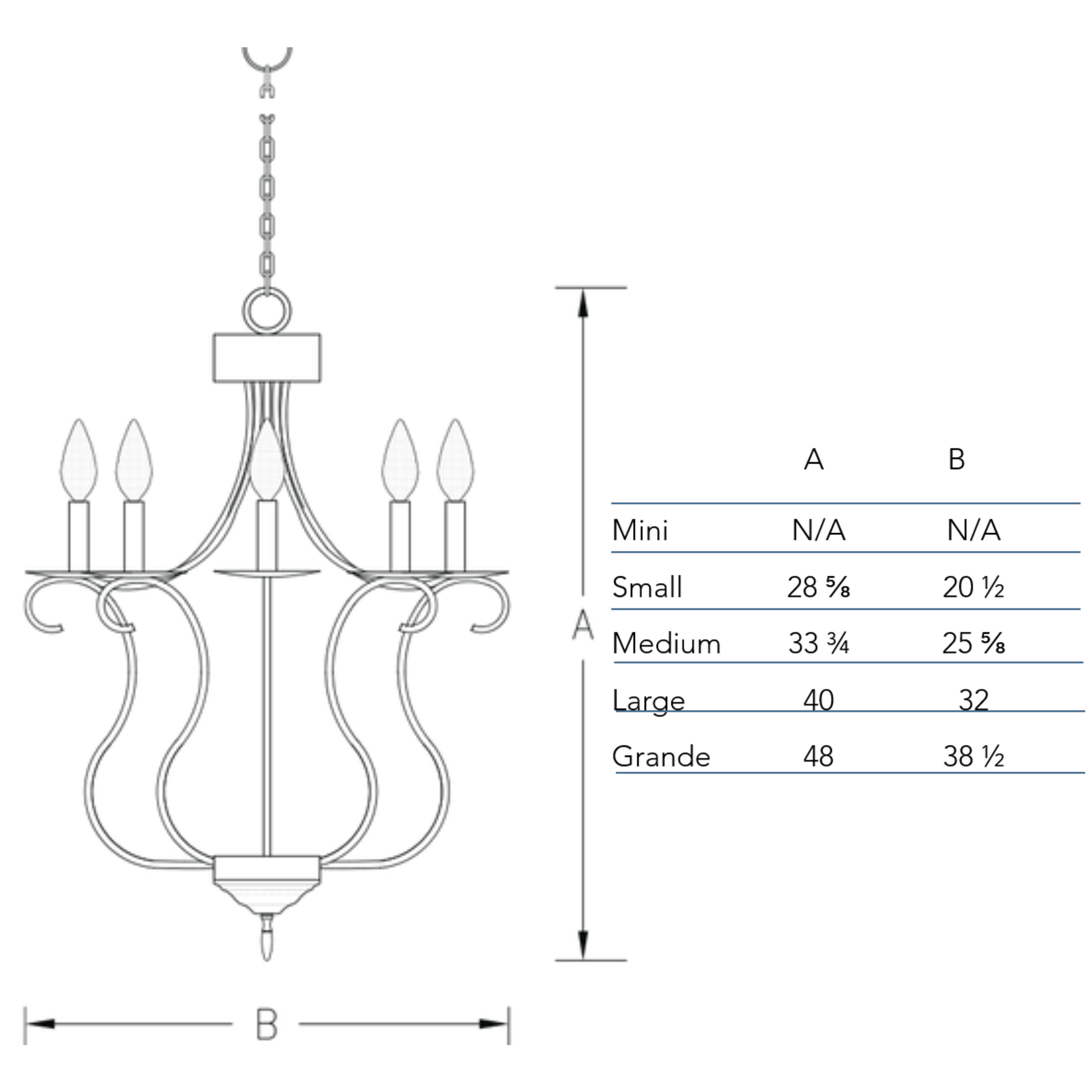 Measurements chart for the Long Island chandelier